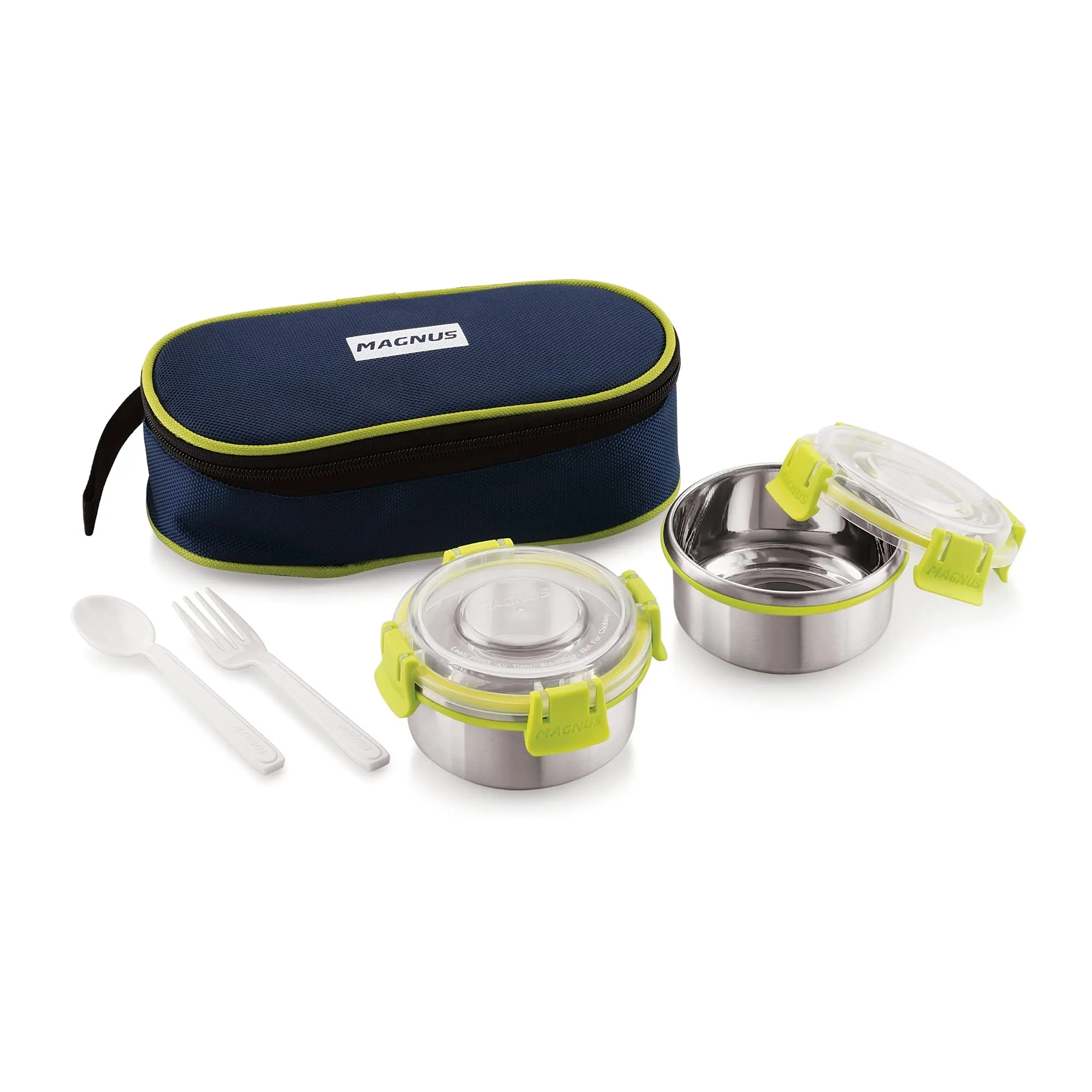 Magnus Meal Mate 2 Large Klip Lock Lunch Box with 450ml Steel Containers | Office & School Tiffin Set for Men, Women, Kids | Airtight, Leakproof, Insulated Cover & BPA-Free Bag