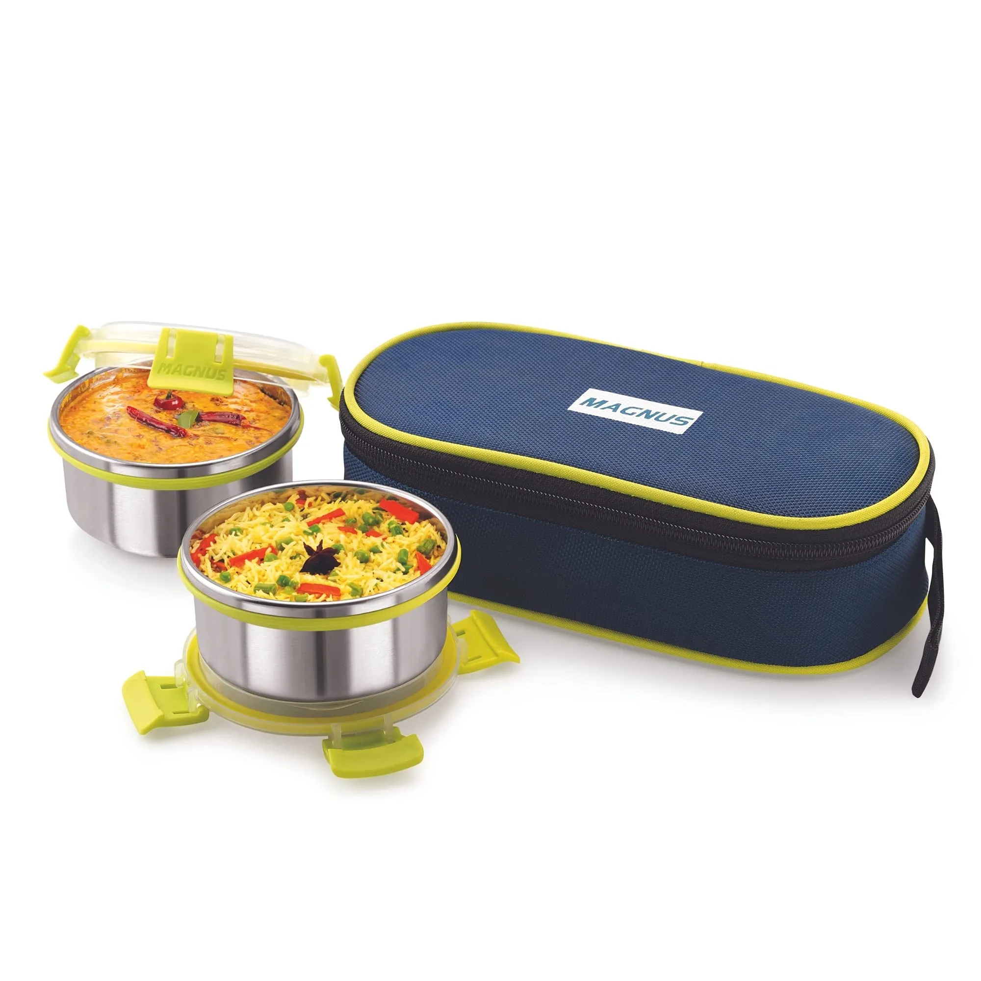 Magnus Meal Mate 2 Large Klip Lock Lunch Box with 450ml Steel Containers | Office & School Tiffin Set for Men, Women, Kids | Airtight, Leakproof, Insulated Cover & BPA-Free Bag