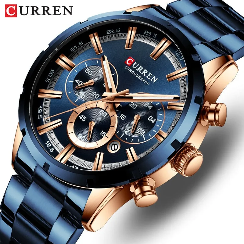 Men's Watch Luxury Sports Quartz Watches Full Steel Waterproof Chronograph Wristwatch