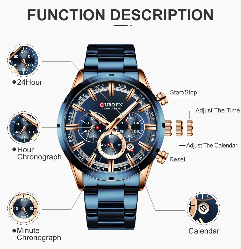 Men's Watch Luxury Sports Quartz Watches Full Steel Waterproof Chronograph Wristwatch