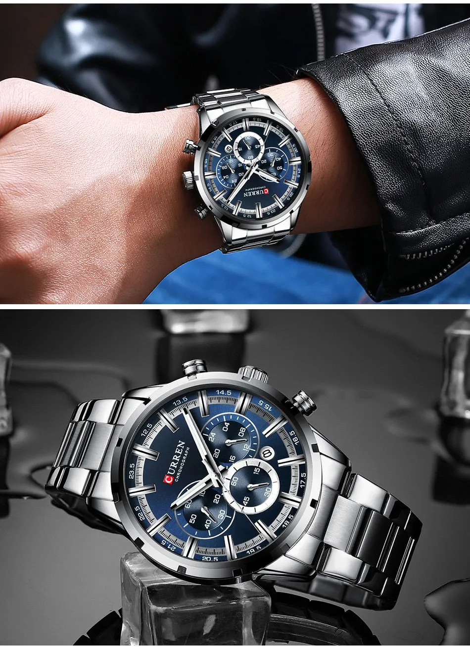 Men's Watch Luxury Sports Quartz Watches Full Steel Waterproof Chronograph Wristwatch