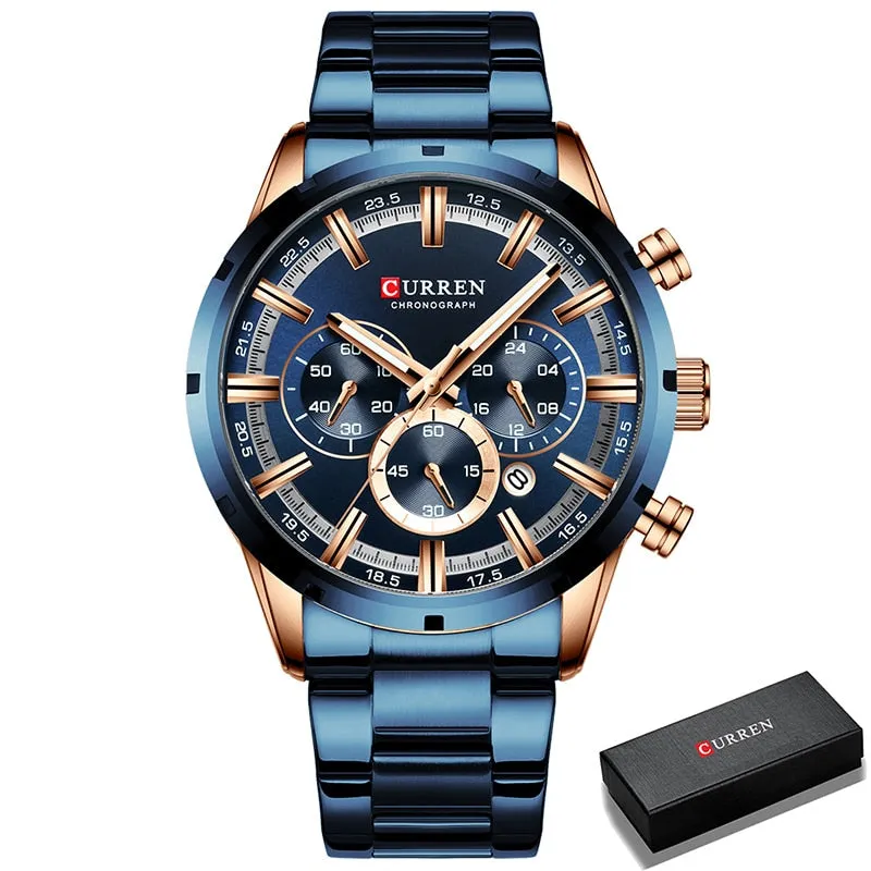 Men's Watch Luxury Sports Quartz Watches Full Steel Waterproof Chronograph Wristwatch