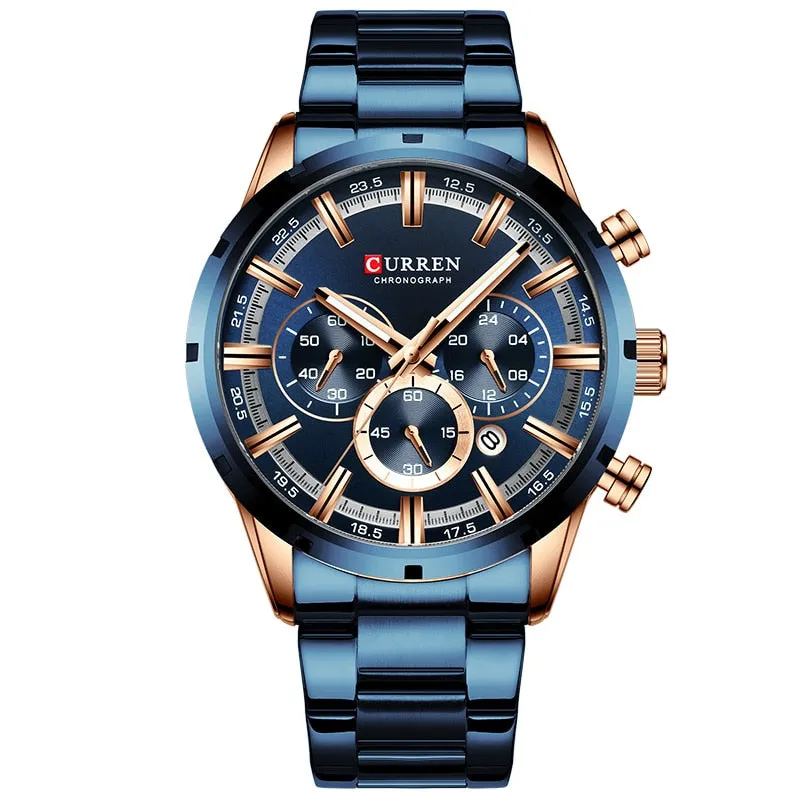 Men's Watch Luxury Sports Quartz Watches Full Steel Waterproof Chronograph Wristwatch