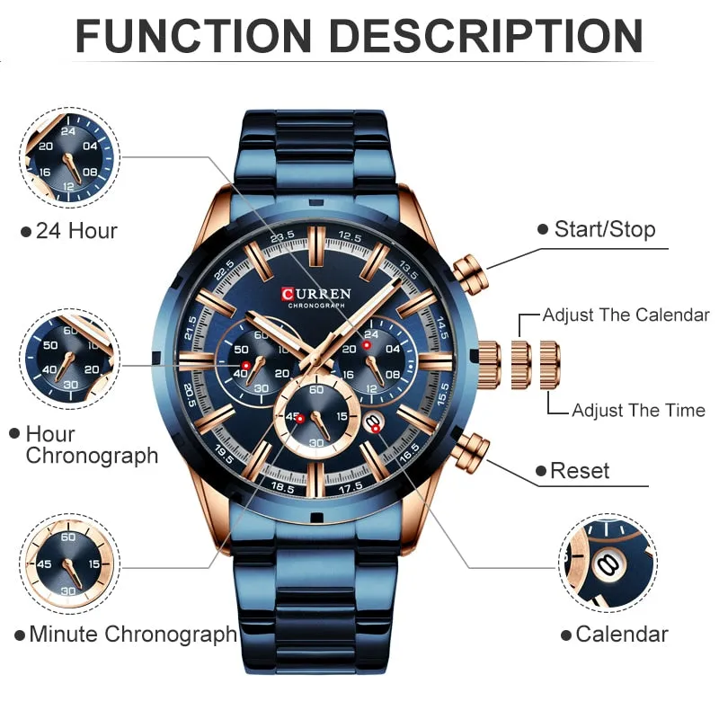 Men's Watch Luxury Sports Quartz Watches Full Steel Waterproof Chronograph Wristwatch