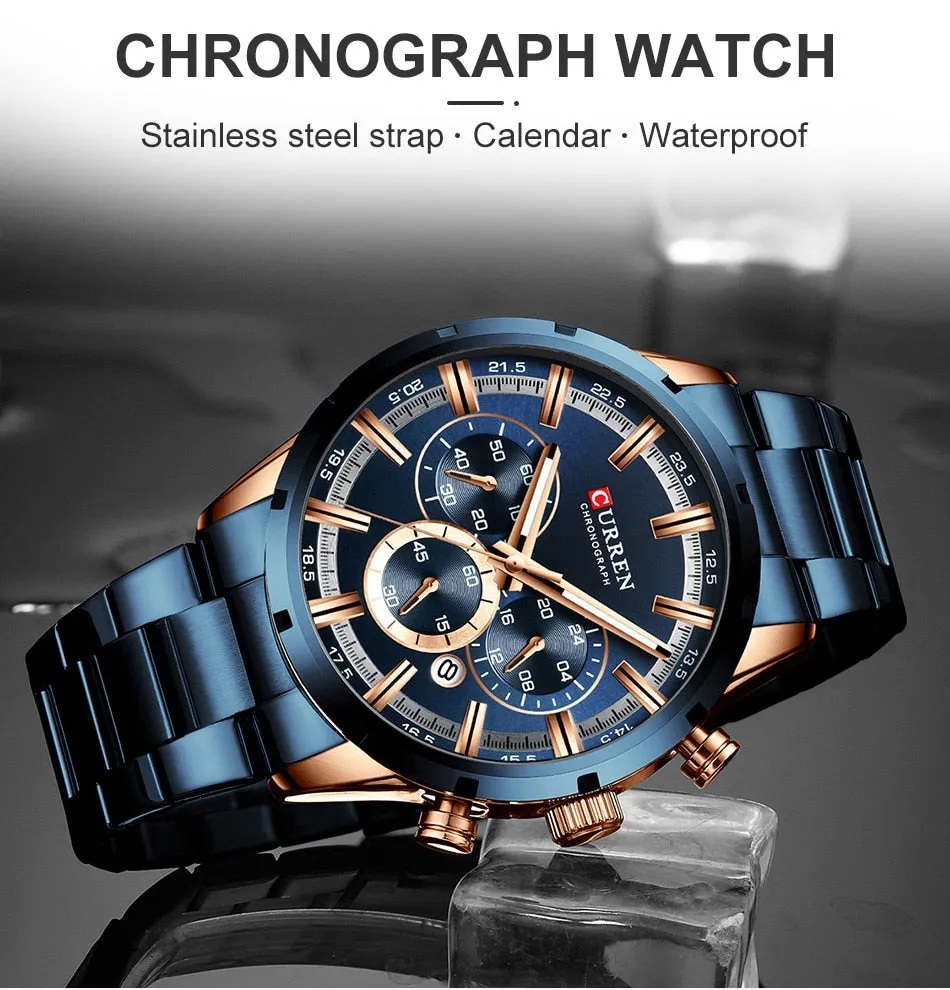 Men's Watch Luxury Sports Quartz Watches Full Steel Waterproof Chronograph Wristwatch