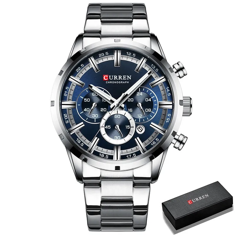 Men's Watch Luxury Sports Quartz Watches Full Steel Waterproof Chronograph Wristwatch