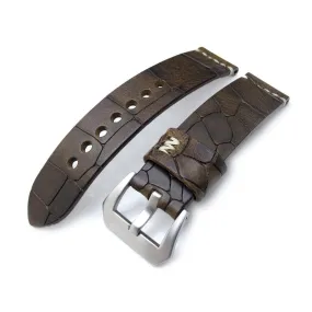 MiLTAT Zizz Collection 22mm Cracked Croco Dark Brown Watch Strap, Beige Stitching