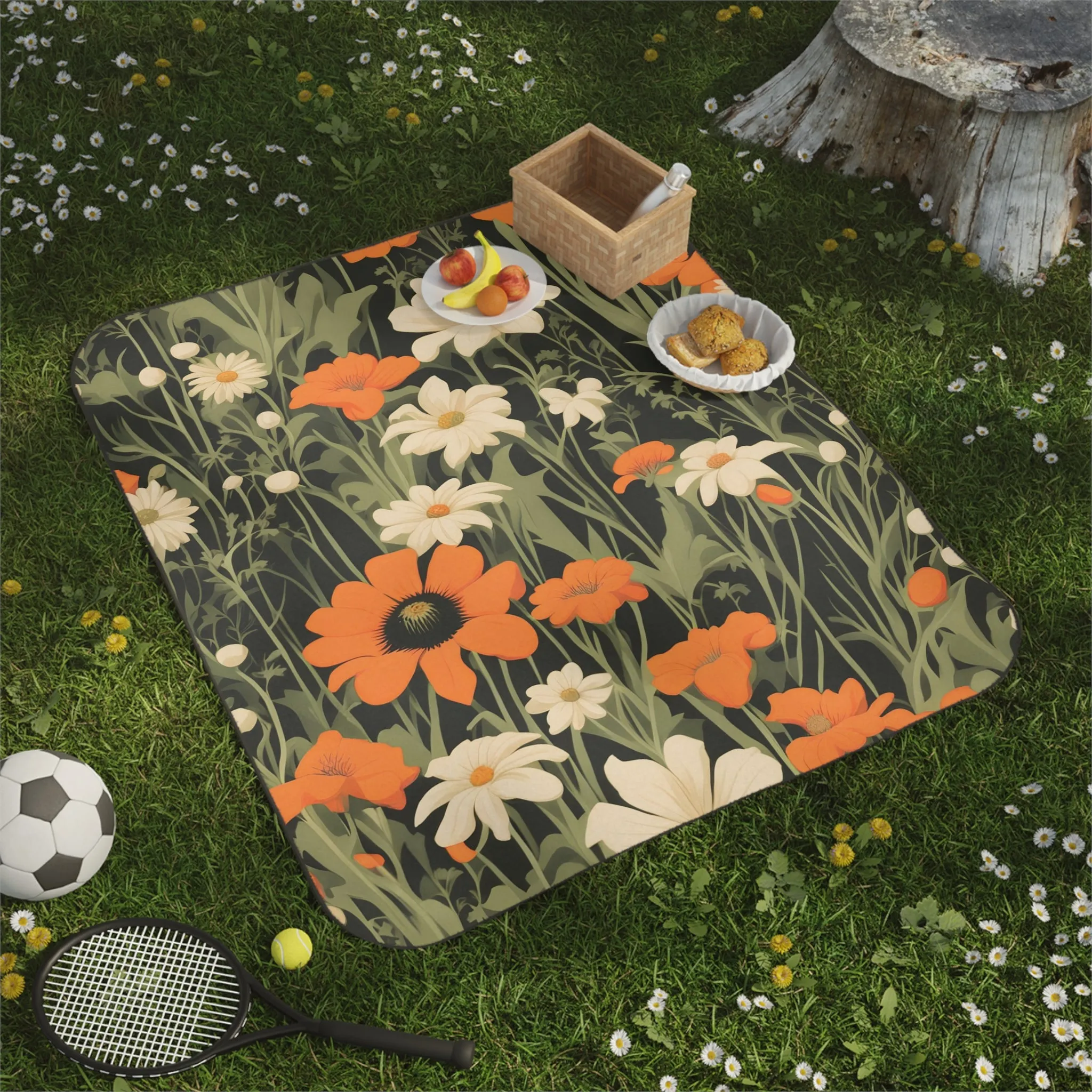 Orange and White Flowers, Outdoor Picnic Blanket with Soft Fleece Top, Water-Resistant Bottom, 51" × 61"