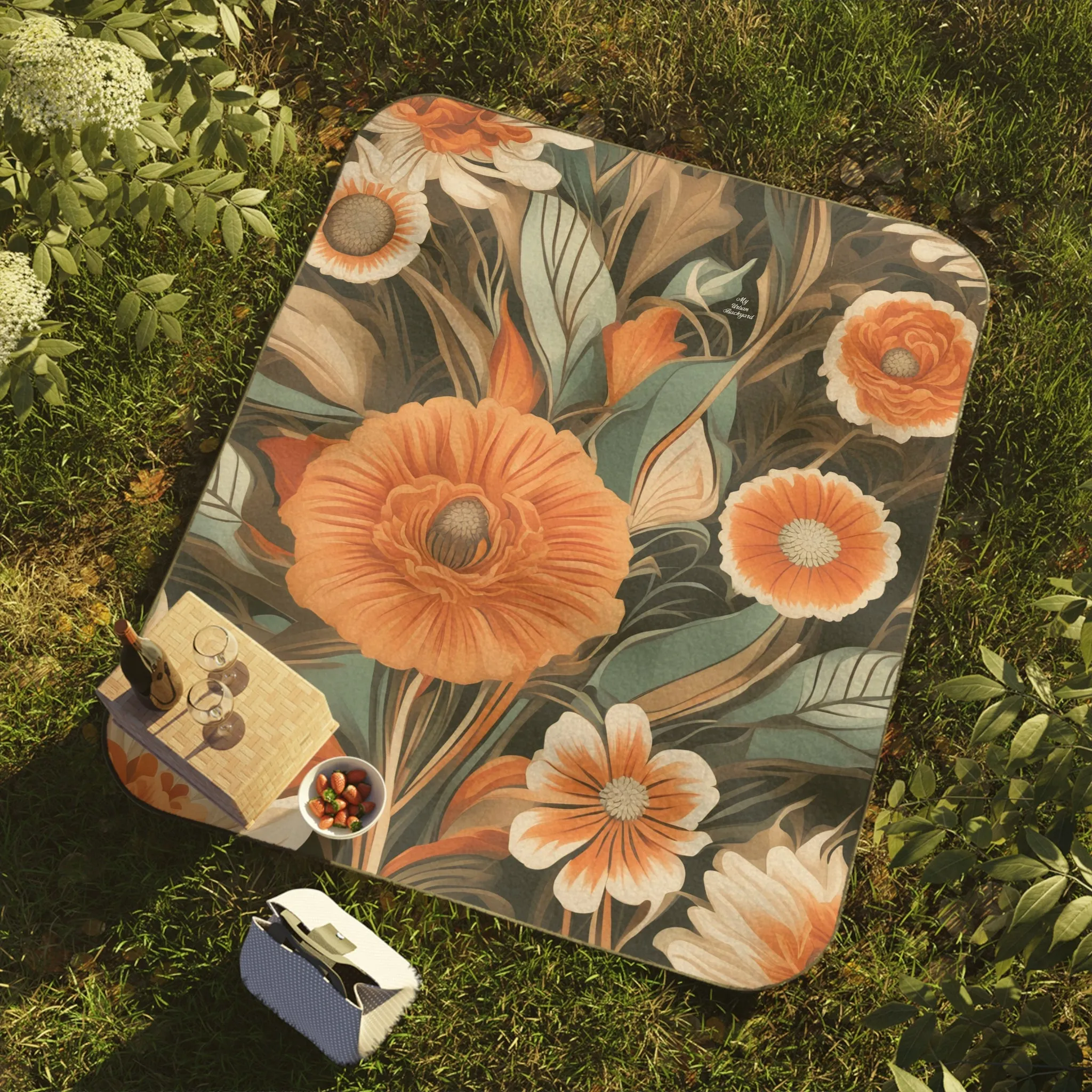 Orange Flowers, Outdoor Picnic Blanket with Soft Fleece Top, Water-Resistant Bottom, 51" × 61"