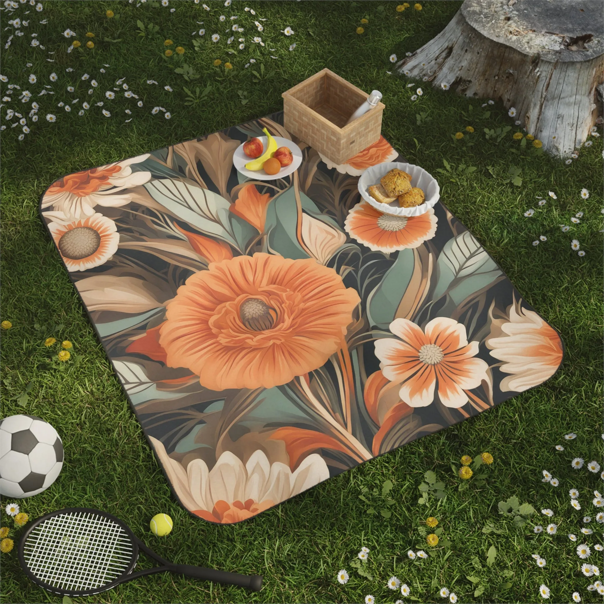 Orange Flowers, Outdoor Picnic Blanket with Soft Fleece Top, Water-Resistant Bottom, 51" × 61"