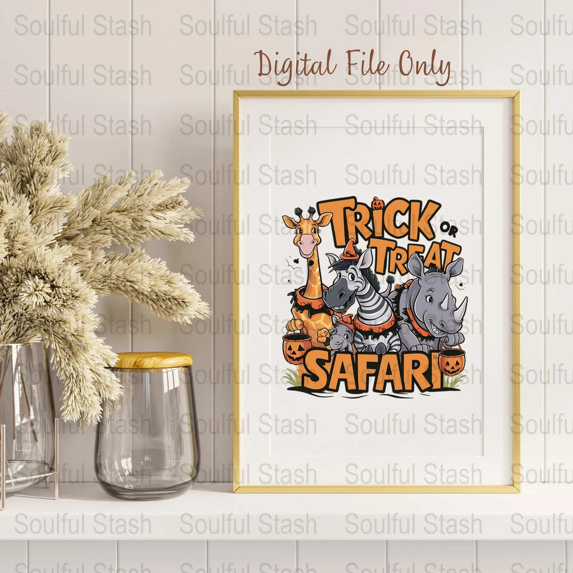 Trick or Treat Safari Digital Art, Halloween Kids Animal Print, Downloadable Zoo Safari Animals, Halloween Sublimation PNG