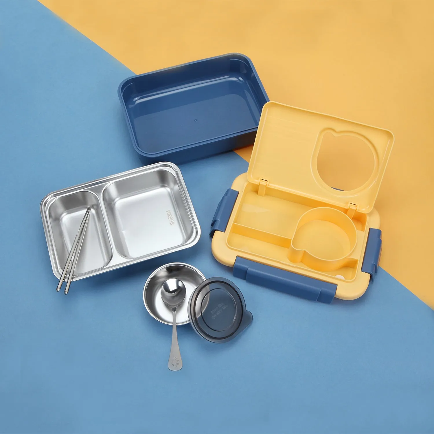 TRIPLE COMPARTMENT LUNCH BOX WITH STEEL SPOON & CHOP-STICKS - BLUE