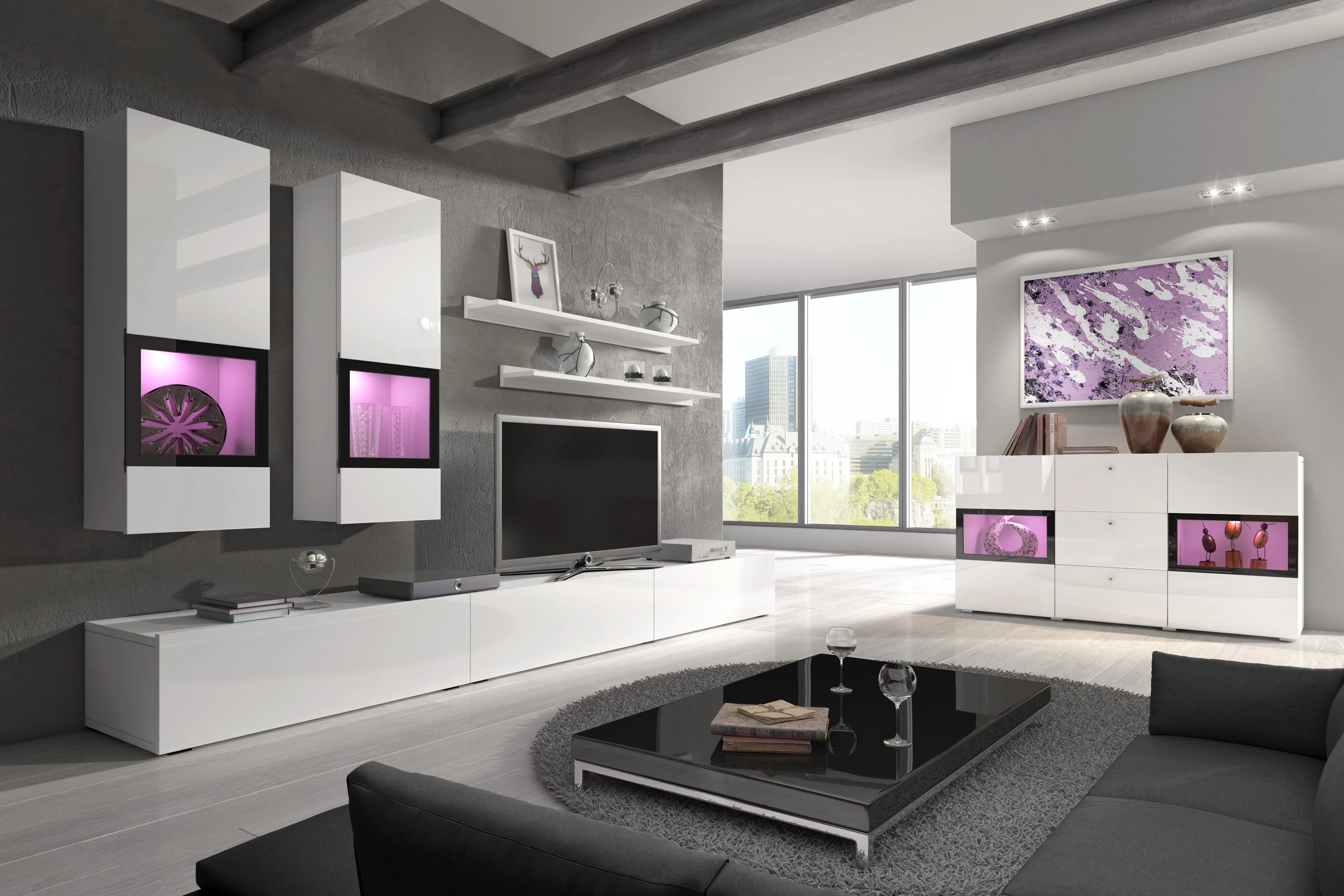 TV WALL UNIT BAROS WHITE GLOSS/WHITE