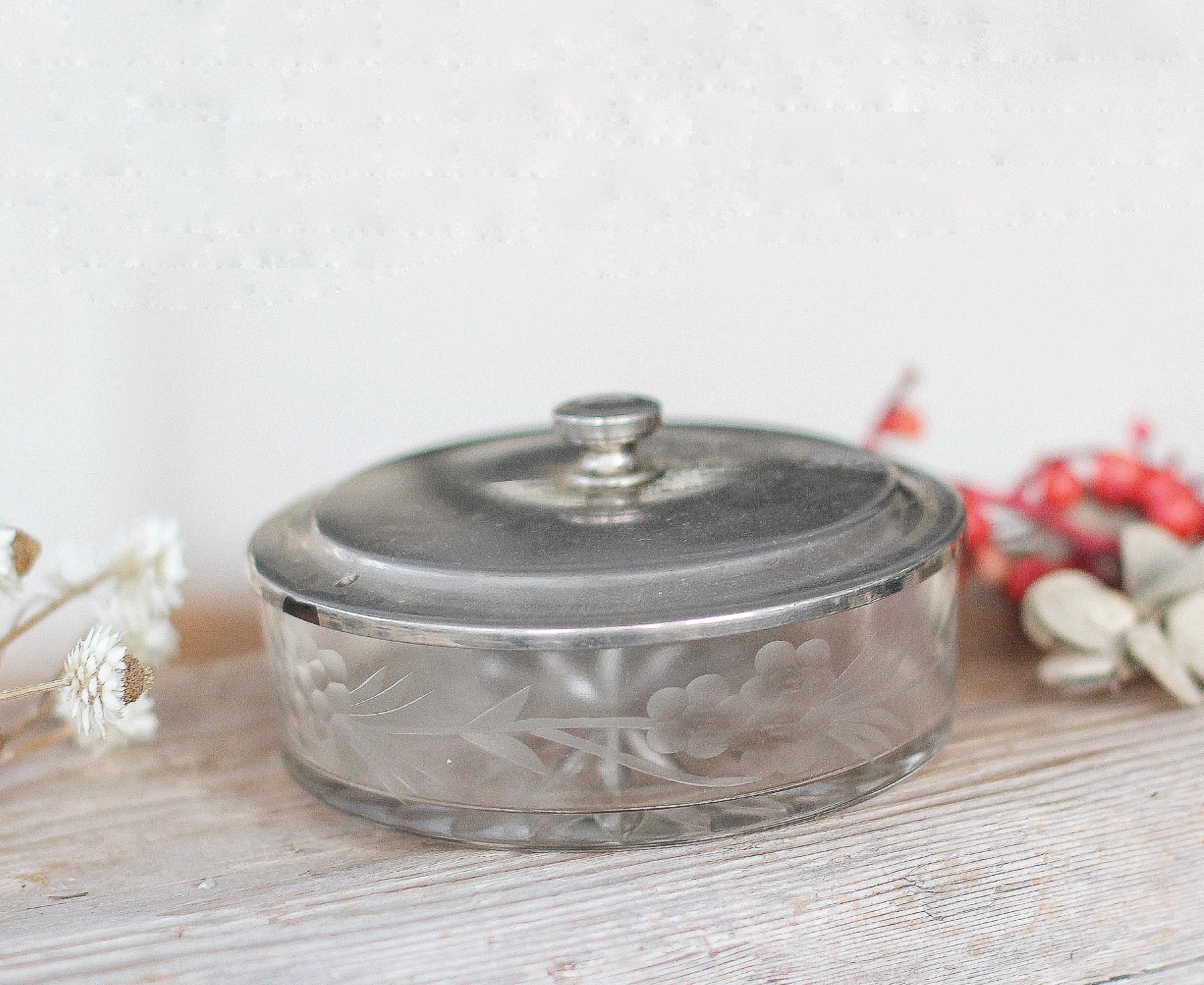 Vintage Glass Floral Silver Top Jar