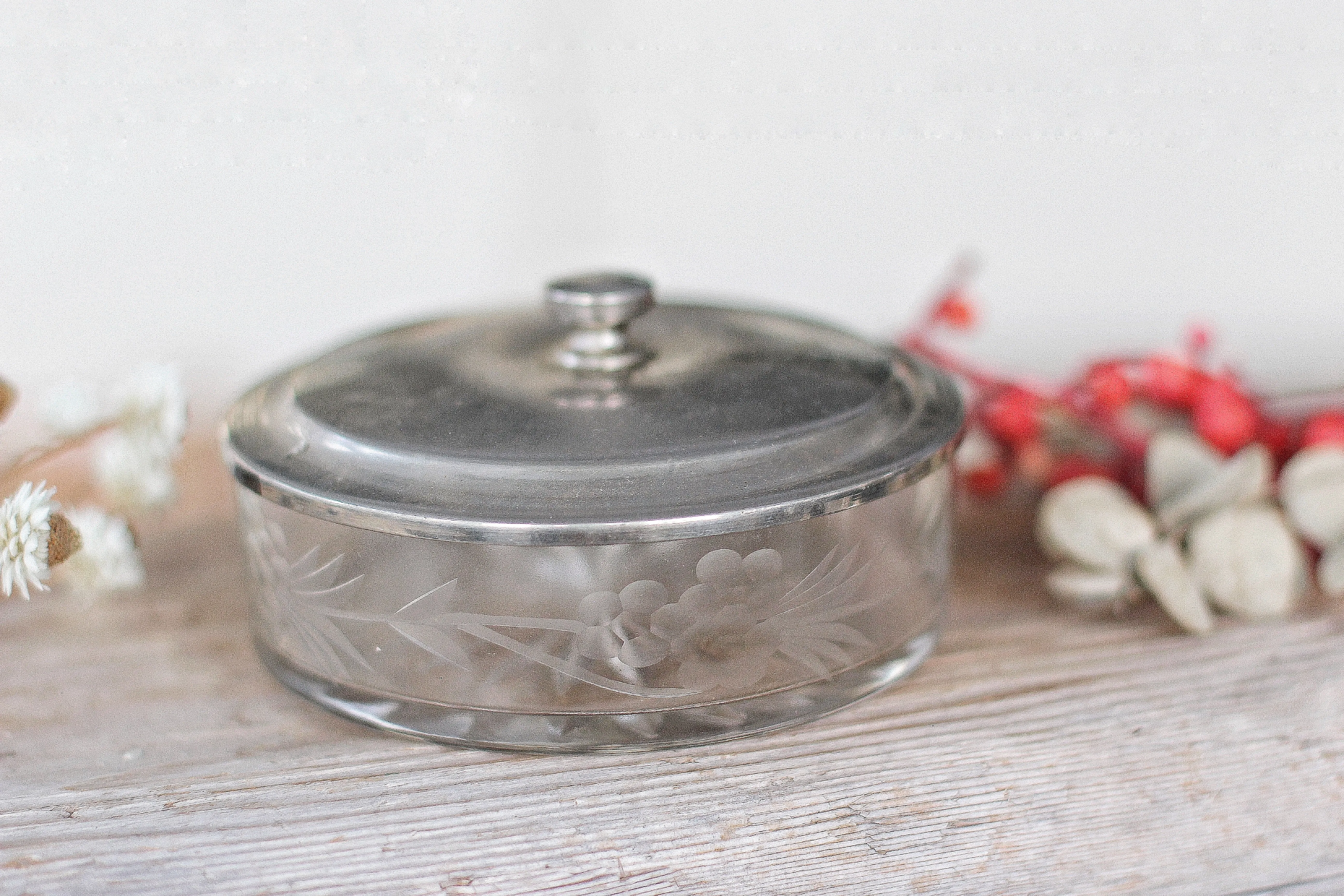 Vintage Glass Floral Silver Top Jar