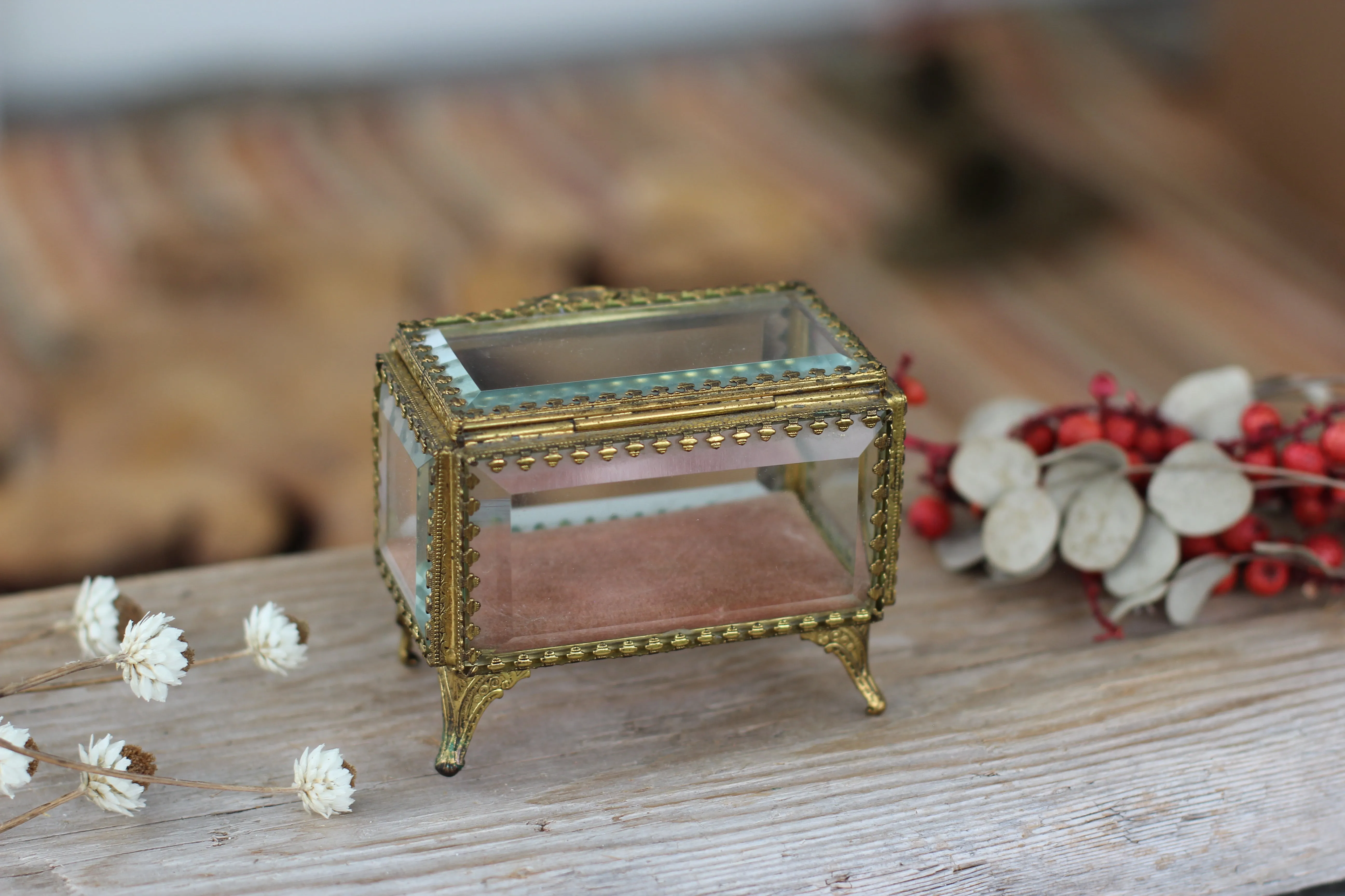 Vintage Peach Velvet Interior Stylebuilt Glass Jewelry Box