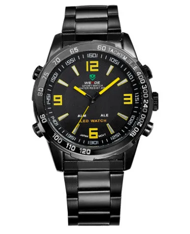 WEIDE Men Sports Watches Japan Quartz LED Digital Wristwatch 30m Waterproof Full Steel Watch