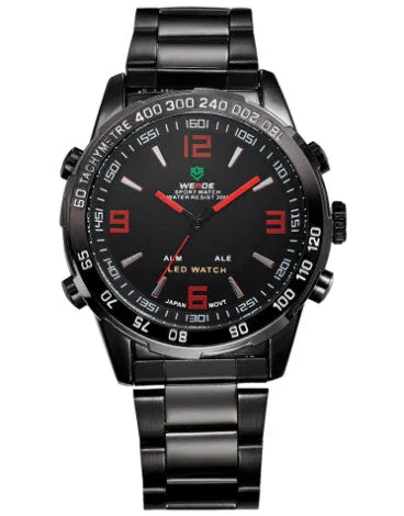 WEIDE Men Sports Watches Japan Quartz LED Digital Wristwatch 30m Waterproof Full Steel Watch