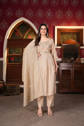 Women's Viscous Rayon Flared Kurta With Pant And Cut Work Dupatta